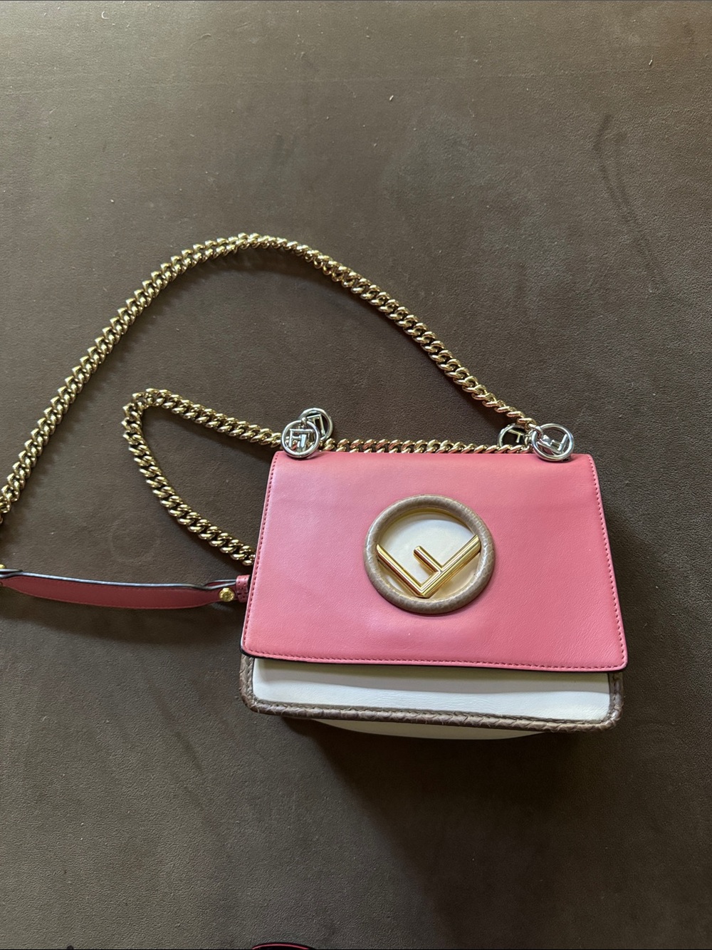 Pink and brown Fendi Leather Shoulder Bag with Gold Chain New